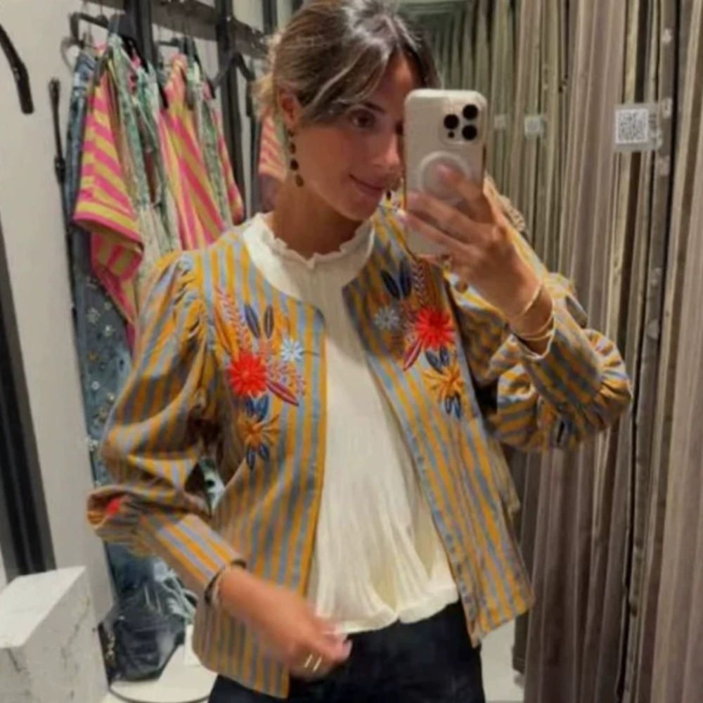 ZARA Nomadic Floral Embroidered Sleeve Striped Coat